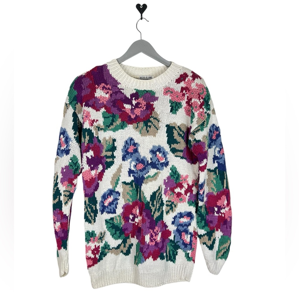 Vintage sweater handknit floral shoulder pads size M chunky‎ knit ramie cotton